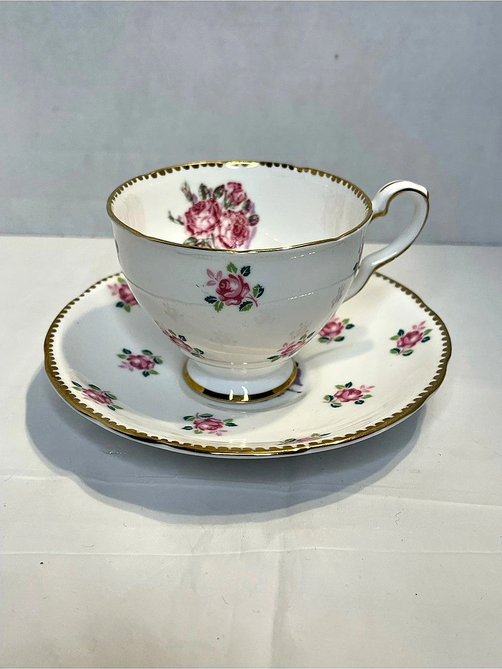 Royal Stafford - Tudor Rose Teacup & Saucer White & Pink